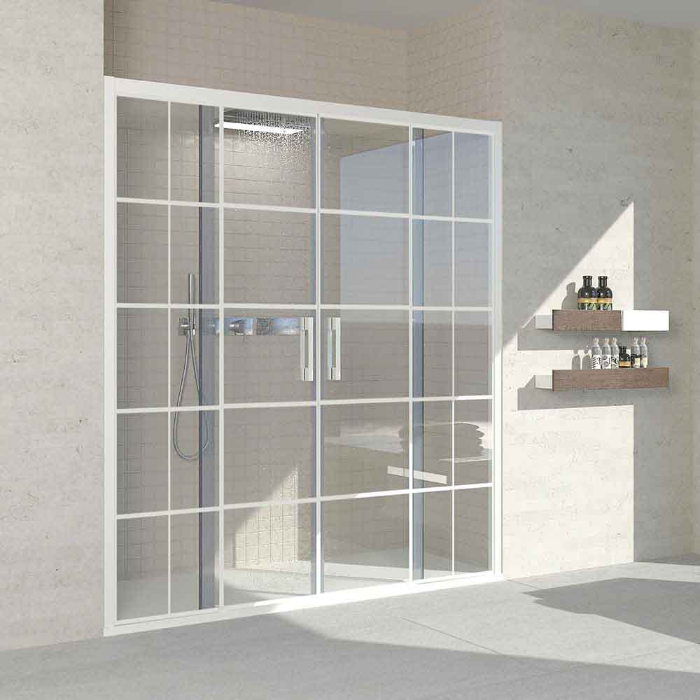Mampara de ducha frontal FLARE 2 fijos -2 puertas correderas decorado industrial. Sin perfil inferior. Con tratamiento anti-cal. Acabado BLANCO MATE