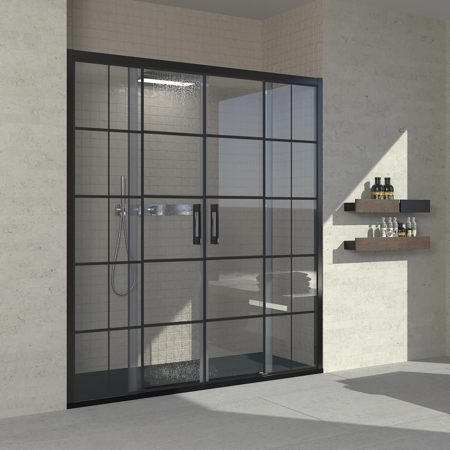 Mampara de ducha frontal FLARE 2 fijos -2 puertas correderas decorado industrial. Sin perfil inferior. Con tratamiento anti-cal. Acabado NEGRO MATE