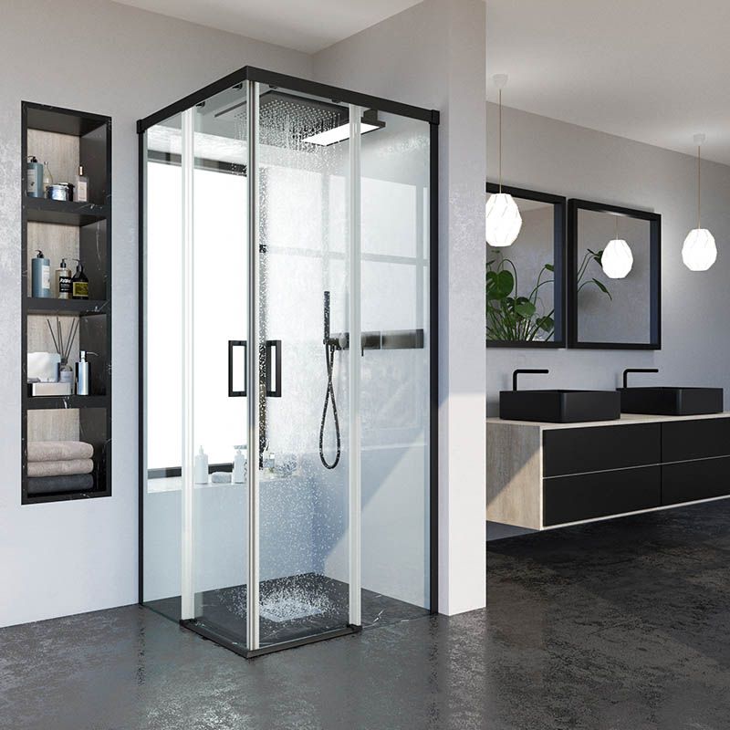 Mampara de ducha cuadrada BASIC apertura angular 2 fijos-2 puertas correderas. Sin perfil inferior. Con tratamiento anti-cal.Acabado NEGRO MATE