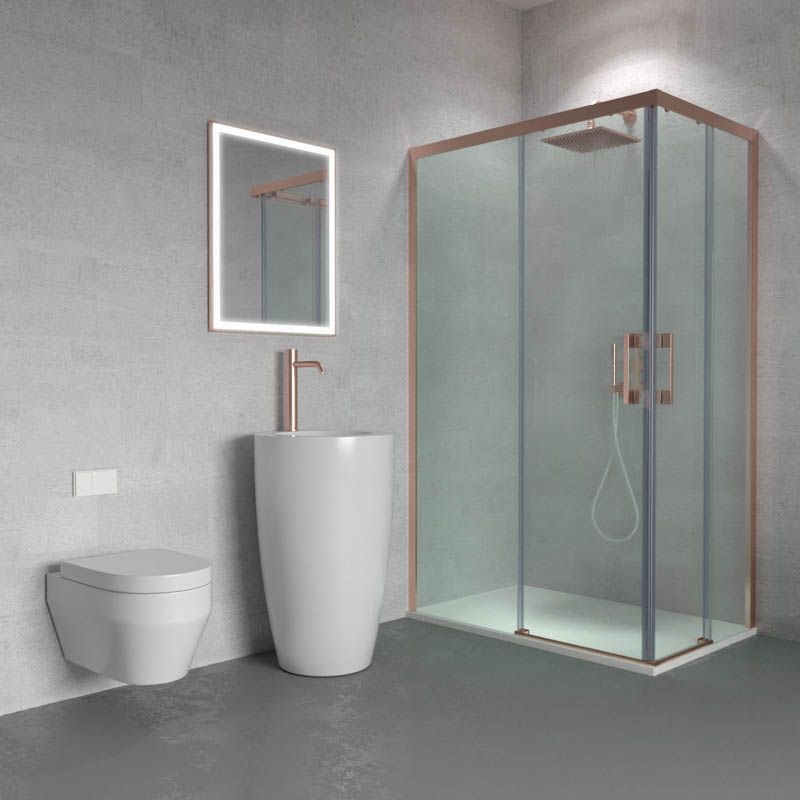 Mampara de ducha rectangular FLARE apertura angular 2 fijos-2 puertas correderas. Sin perfil inferior. Con tratamiento anti-cal. Acabado ORO ROSA