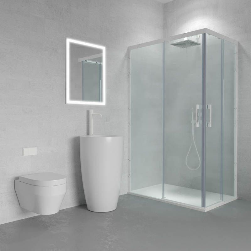 Mampara de ducha rectangular FLARE apertura angular 2 fijos-2 puertas correderas. Sin perfil inferior. Acabado efecto mármol. CALACATTA