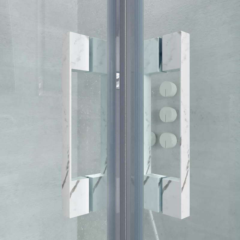 Mampara de ducha rectangular FLARE apertura angular 2 fijos-2 puertas correderas. Sin perfil inferior. Acabado efecto mármol. CALACATTA - Imagen 4