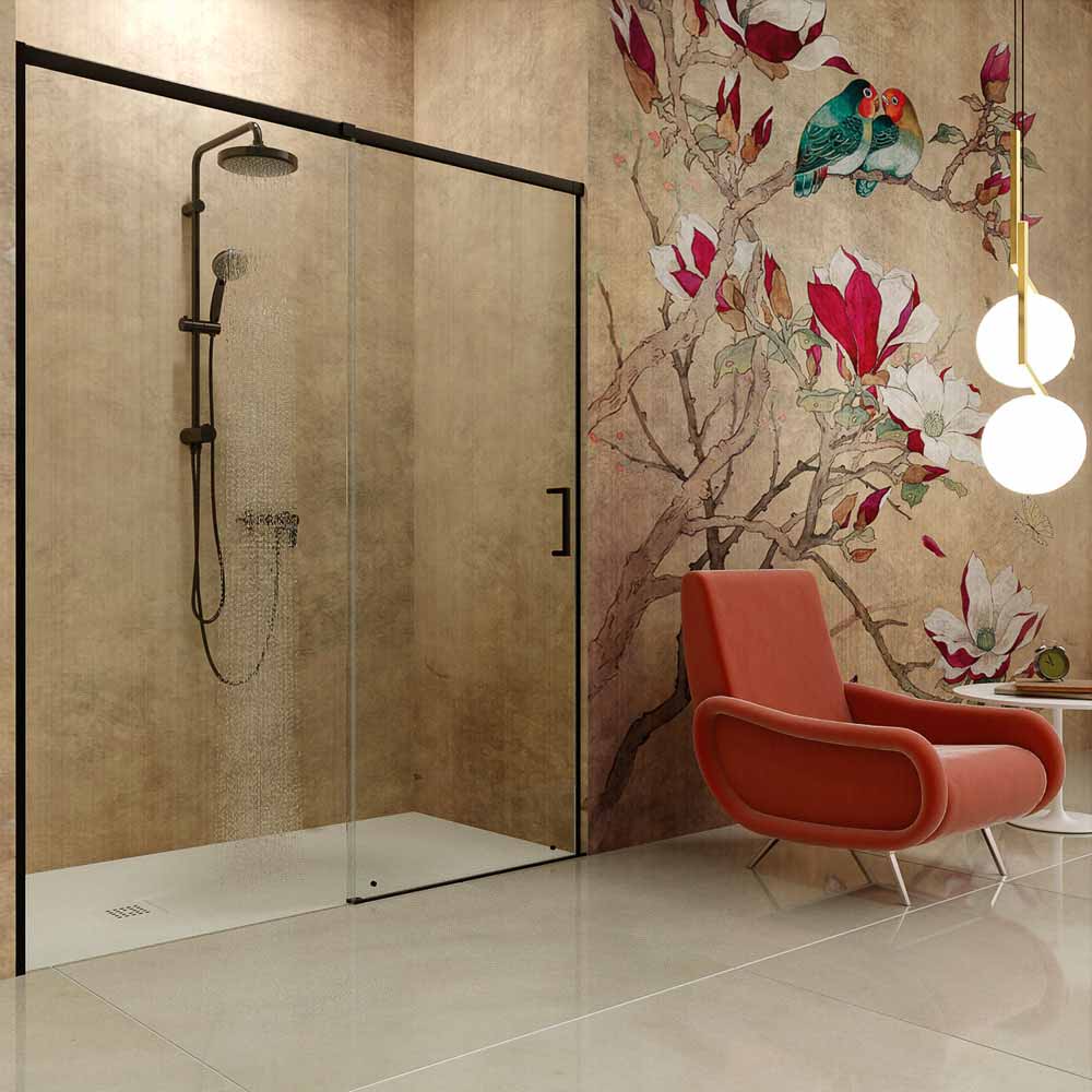 Mampara de ducha AXER frontal 1 fijo - 1 puerta corredera vidrio 6 mm. ACERO INOXIDABLE NEGRO MATE