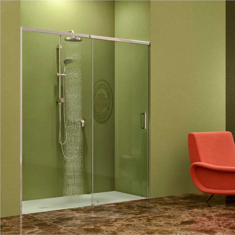 Mampara de ducha AXER frontal 1 fijo - 1 puerta corredera vidrio 6 mm. ACERO INOXIDABLE