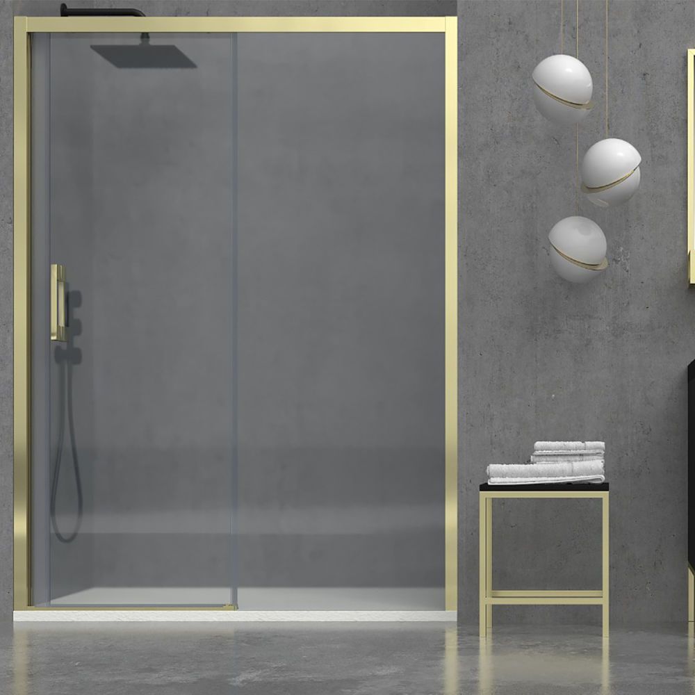 Mampara de ducha frontal FLARE 1 fijo -1 puerta corredera. Sin perfil inferior. Con tratamiento anti-cal . Acabado ORO MATE