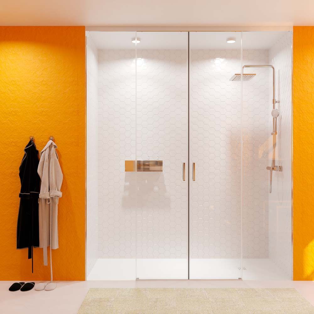 Mampara de ducha TECH HIGH frontal 2 fijos - 2 puertas correderas vidrio 8 mm. ACERO INOXIDABLE fabricada a techo