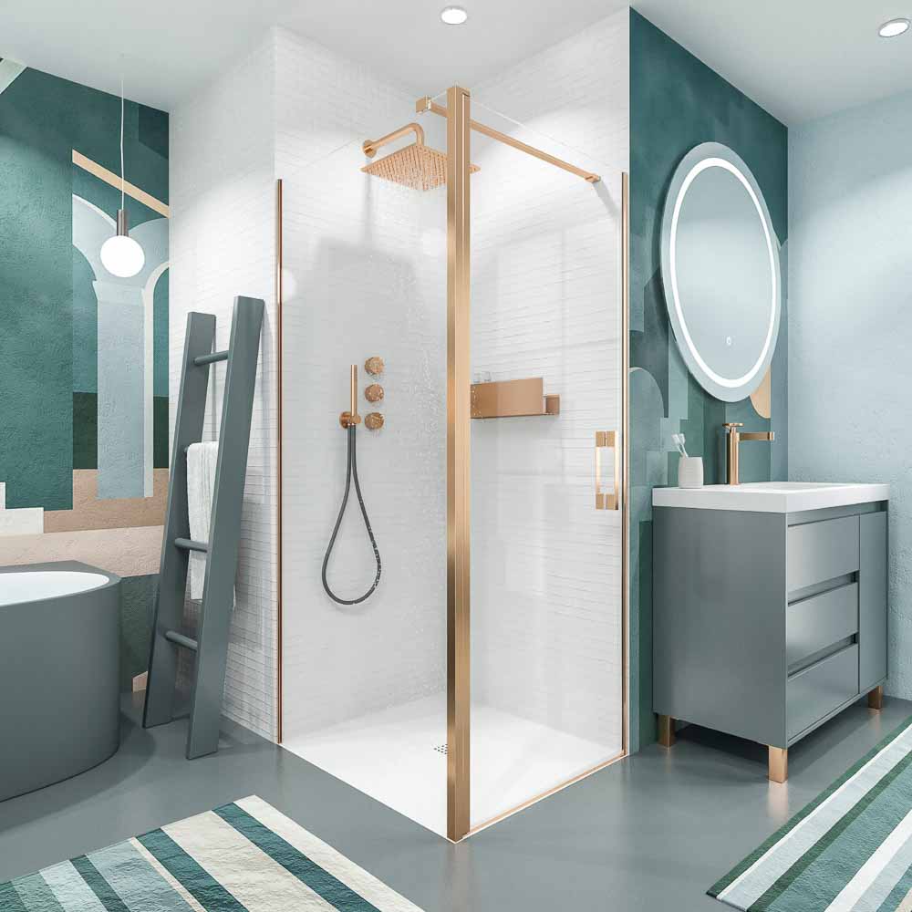 Mampara de ducha cuadrada OPEN 1 fijo - 1 puerta abatible fabricada a medida. COBRE MATE