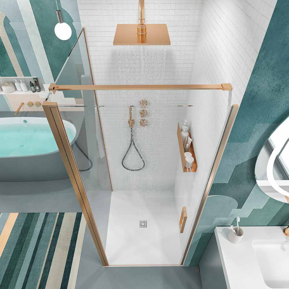 Mampara de ducha cuadrada OPEN 1 fijo - 1 puerta abatible fabricada a medida. COBRE MATE - Imagen 3
