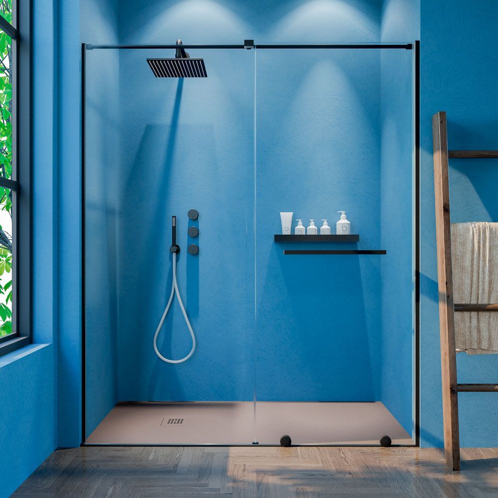 Mampara de ducha VERONA frontal 1 fijo- 1 puerta corredera sin perfil superior .Acabado NEGRO MATE