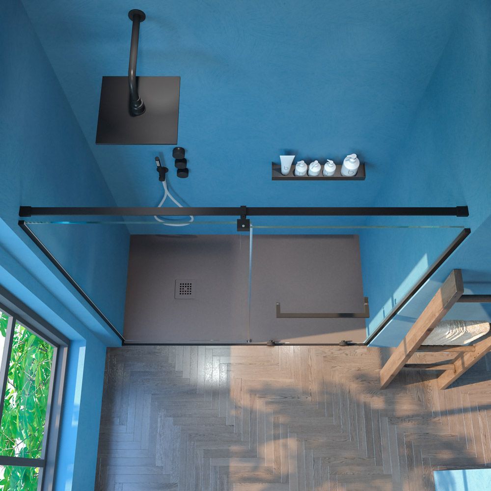 Mampara de ducha VERONA frontal 1 fijo- 1 puerta corredera sin perfil superior .Acabado NEGRO MATE - Imagen 3