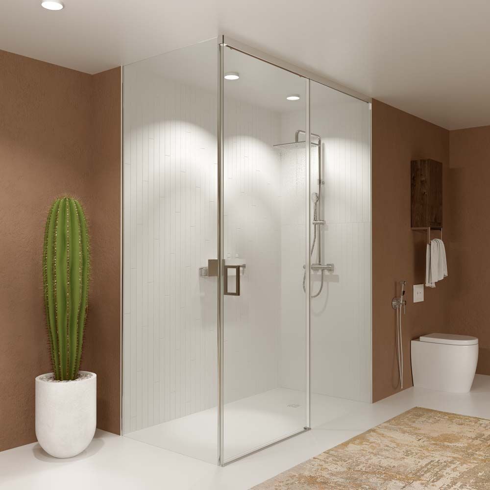 Mampara de ducha TECH HIGH rectangular 1 fijo - 1 puerta corredera + 1 fijo vidrio 8 mm. ACERO INOXIDABLE Fábricada a techo