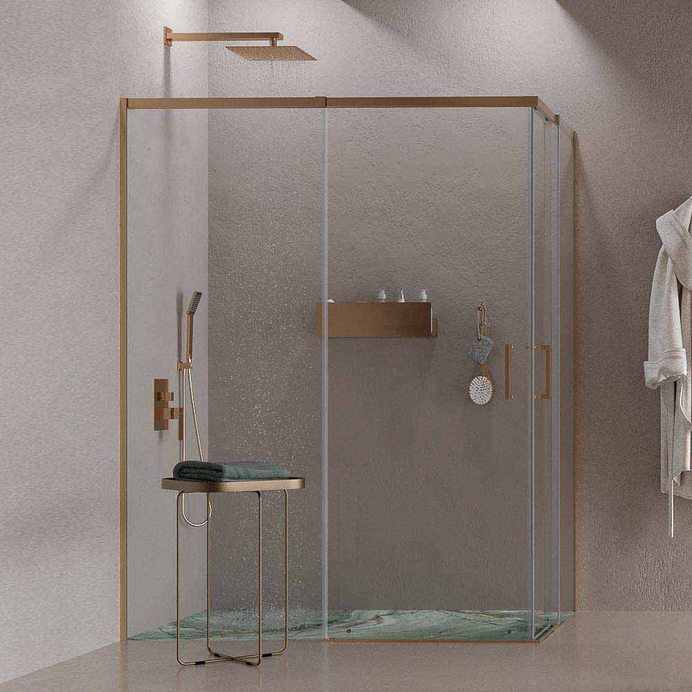 Mampara de ducha AXER rectangular 2 fijos - 2 puertas correderas vidrio 6 mm. ACERO INOXIDABLE acabado COBRE - Imagen 2