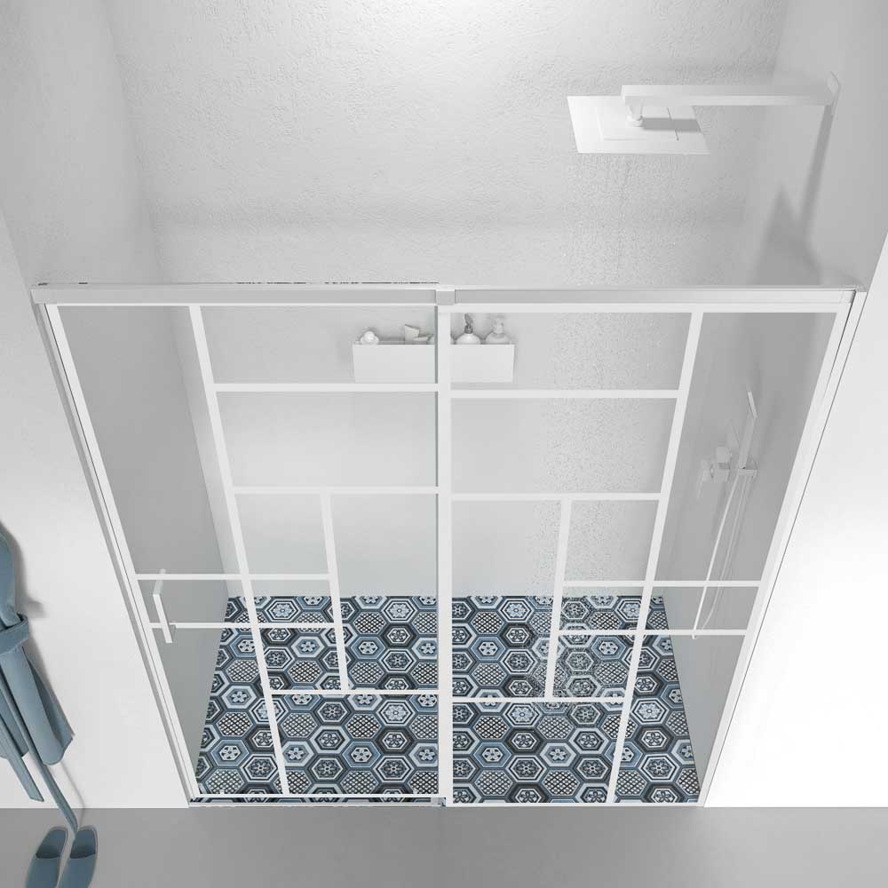 Mampara de ducha AXER frontal 1 fijo - 1 puerta corredera vidrio 6 mm. decorado industrial SOHO. Acero inoxidable BLANCO MATE - Imagen 2