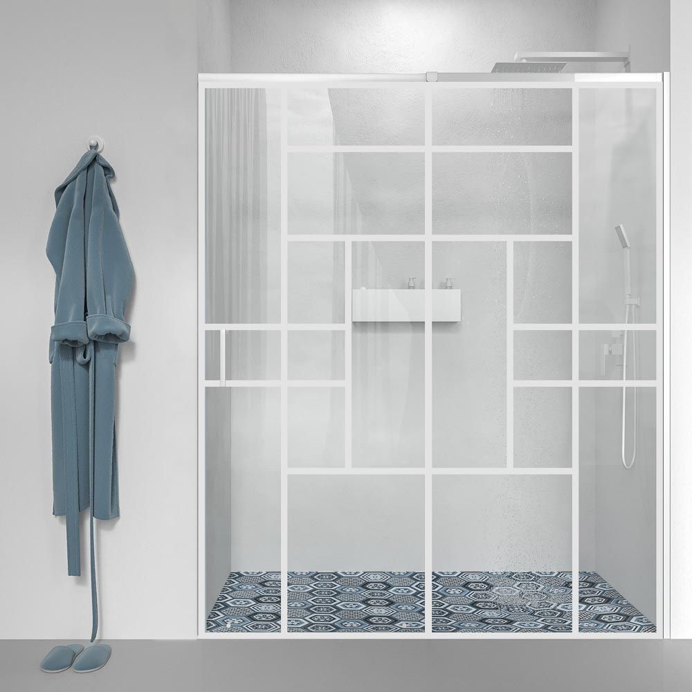 Mampara de ducha AXER frontal 1 fijo - 1 puerta corredera vidrio 6 mm. decorado industrial SOHO. Acero inoxidable BLANCO MATE