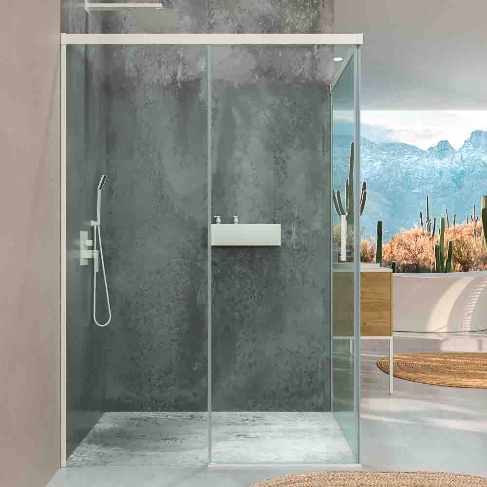 Mampara de ducha rectangular BASIC apertura frontal1 fijo-1 puerta corredera + 1 fijo. Sin perfil inferior. Con tratamiento anti-cal. Acabado BLANCO MATE - Imagen 3