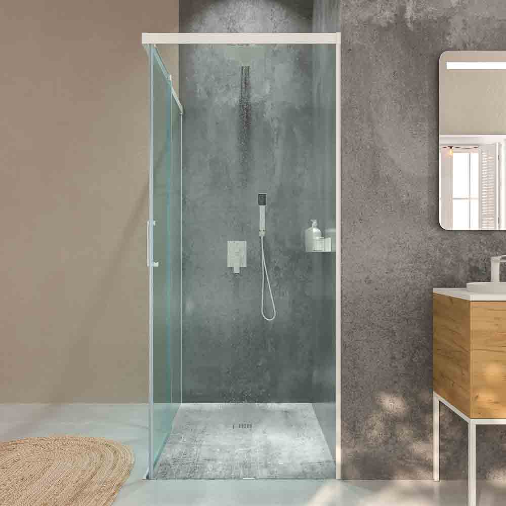 Mampara de ducha rectangular BASIC apertura frontal1 fijo-1 puerta corredera + 1 fijo. Sin perfil inferior. Con tratamiento anti-cal. Acabado BLANCO MATE - Imagen 2