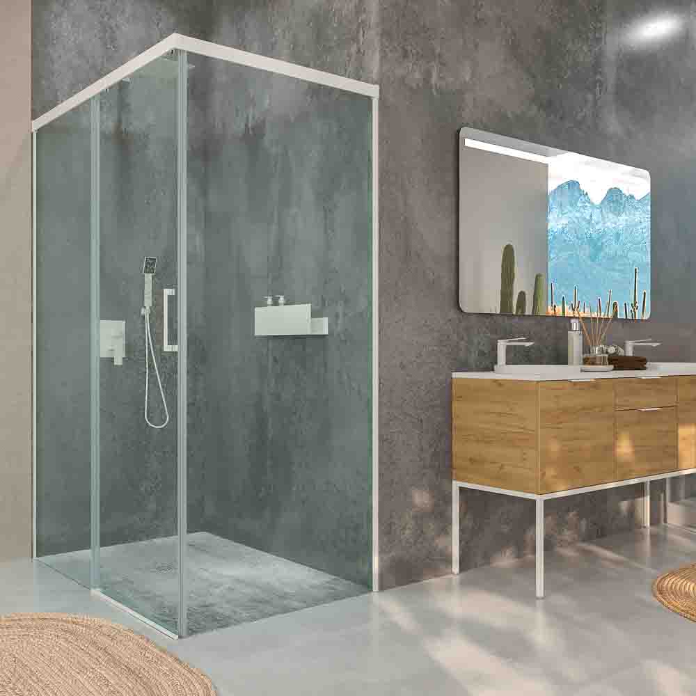 Mampara de ducha rectangular BASIC apertura frontal1 fijo-1 puerta corredera + 1 fijo. Sin perfil inferior. Con tratamiento anti-cal. Acabado BLANCO MATE