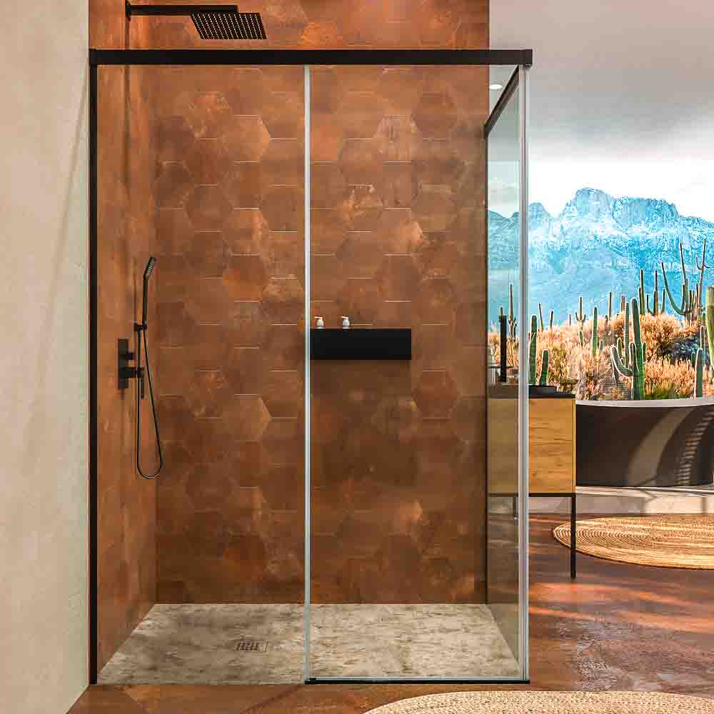 Mampara de ducha rectangular BASIC apertura frontal 1 fijo-1 puerta corredera + 1 fijo. Sin perfil inferior. Con tratamiento anti-cal .Acabado NEGRO MATE - Imagen 8