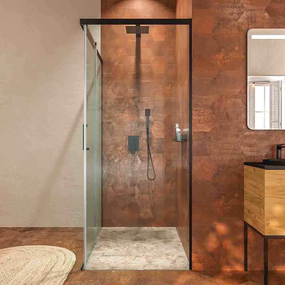 Mampara de ducha rectangular BASIC apertura frontal 1 fijo-1 puerta corredera + 1 fijo. Sin perfil inferior. Con tratamiento anti-cal .Acabado NEGRO MATE - Imagen 7