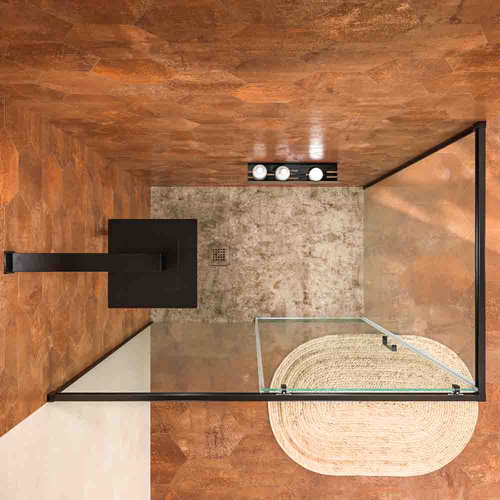 Mampara de ducha rectangular BASIC apertura frontal 1 fijo-1 puerta corredera + 1 fijo. Sin perfil inferior. Con tratamiento anti-cal .Acabado NEGRO MATE - Imagen 6