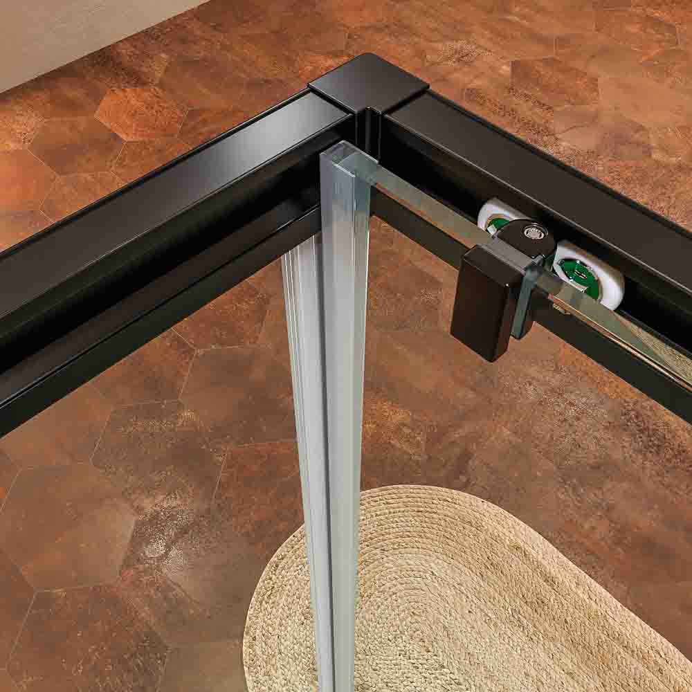 Mampara de ducha rectangular BASIC apertura frontal 1 fijo-1 puerta corredera + 1 fijo. Sin perfil inferior. Con tratamiento anti-cal .Acabado NEGRO MATE - Imagen 4