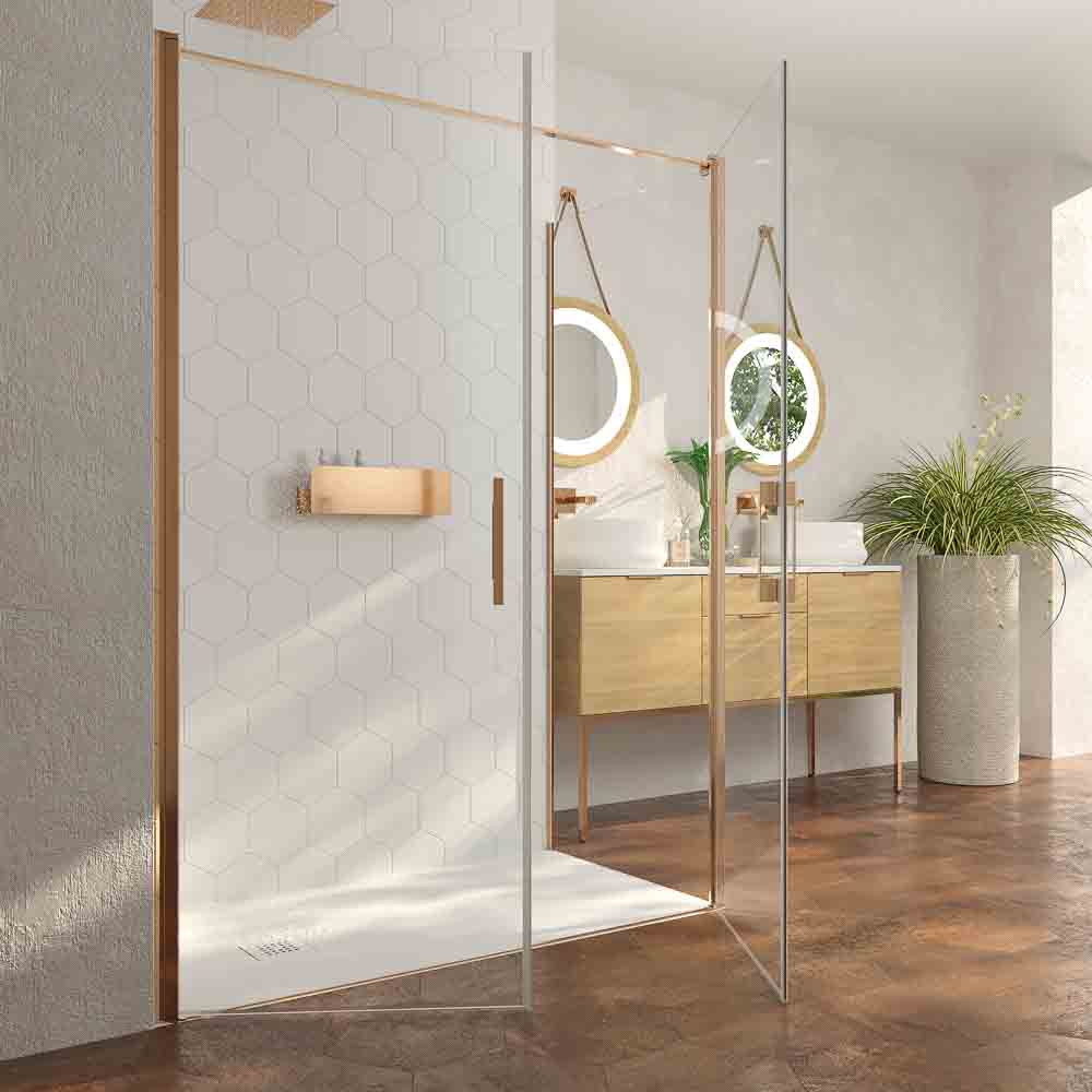 Mampara de ducha rectangular OPEN 1 fijo - 2 puertas abatible fabricada a medida. COBRE MATE - Imagen 2