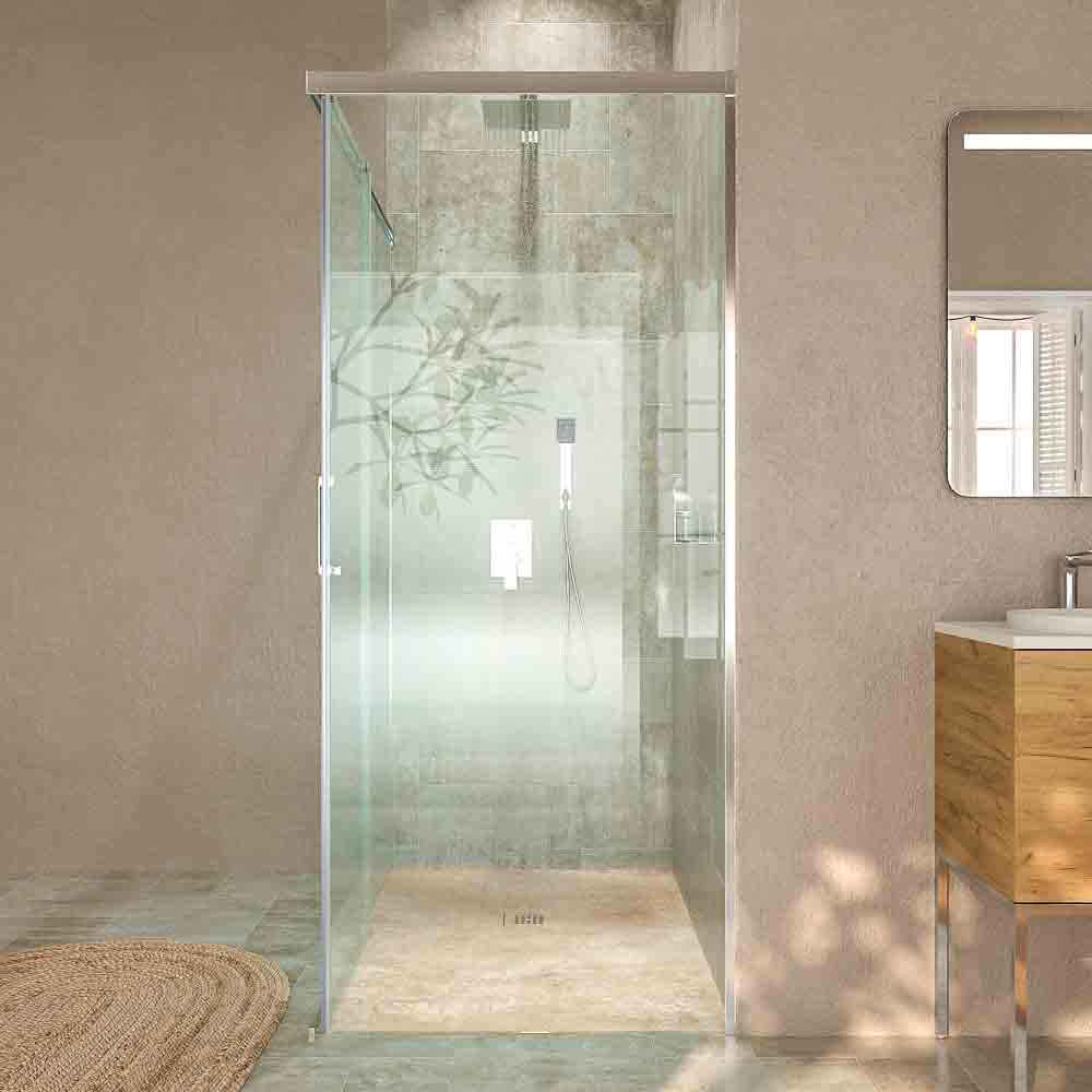 Mampara de ducha rectangular BASIC apertura frontal 1 fijo-1 puerta corredera+ 1 fijo . Sin perfil inferior. Con tratamiento anti-cal.Acabado CROMO BRILLO - Imagen 7