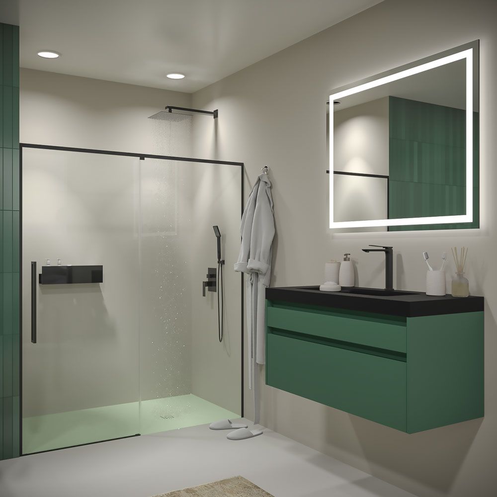 Mampara de ducha PETRA frontal 1 fijo - 1 puerta corredera vidrio 6 mm . Acero inoxidable NEGRO MATE - Imagen 7