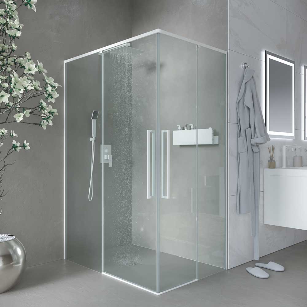 Mampara de ducha PETRA rectangular 2 fijos - 2 puertas correderas vidrio 6 mm. ACERO INOXIDABLE acabado BLANCO MATE