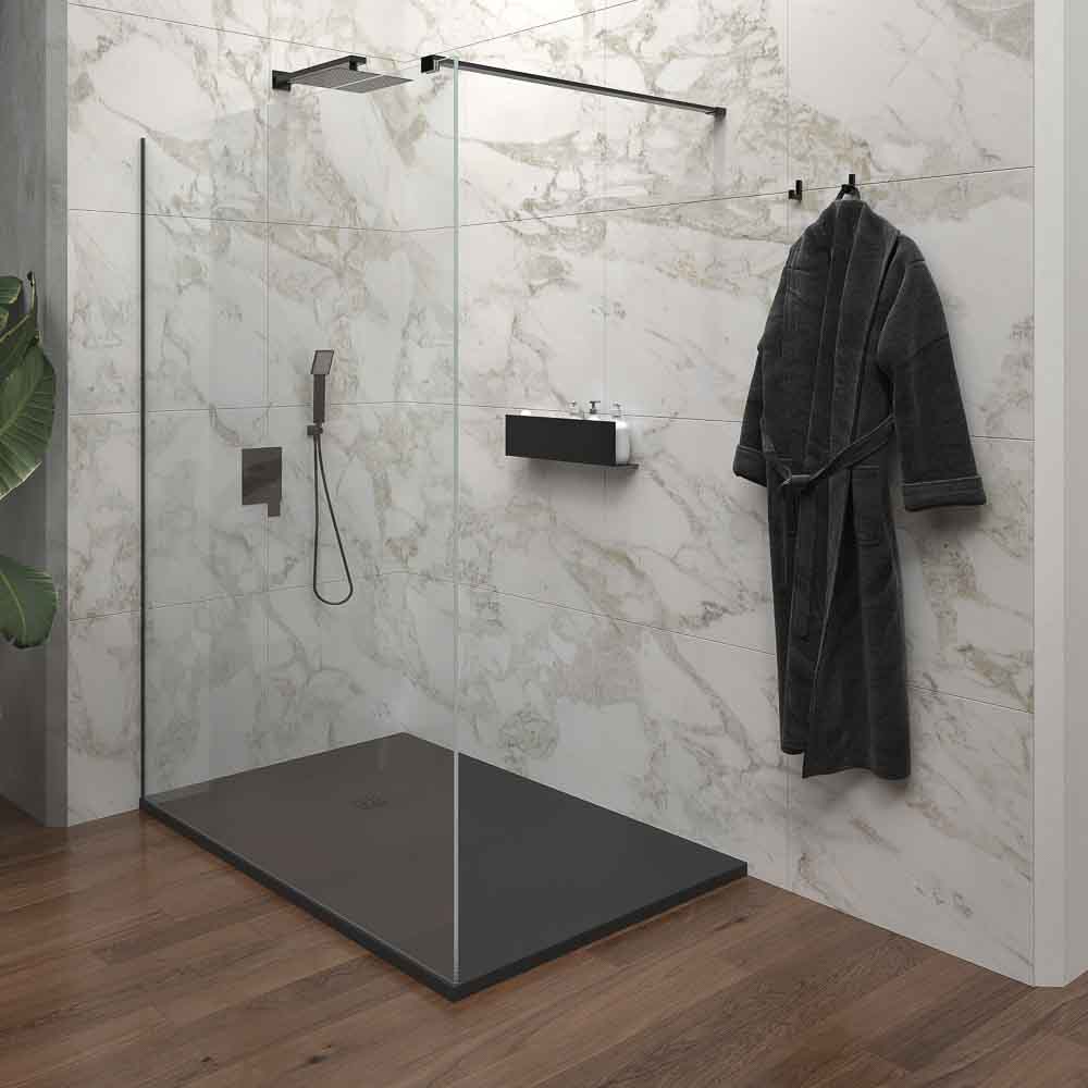 Fijo de ducha mampara ZEN perfil acero inoxidable NEGRO MATE - Vidrio 10 MM con tratamiento anti-cal incluido