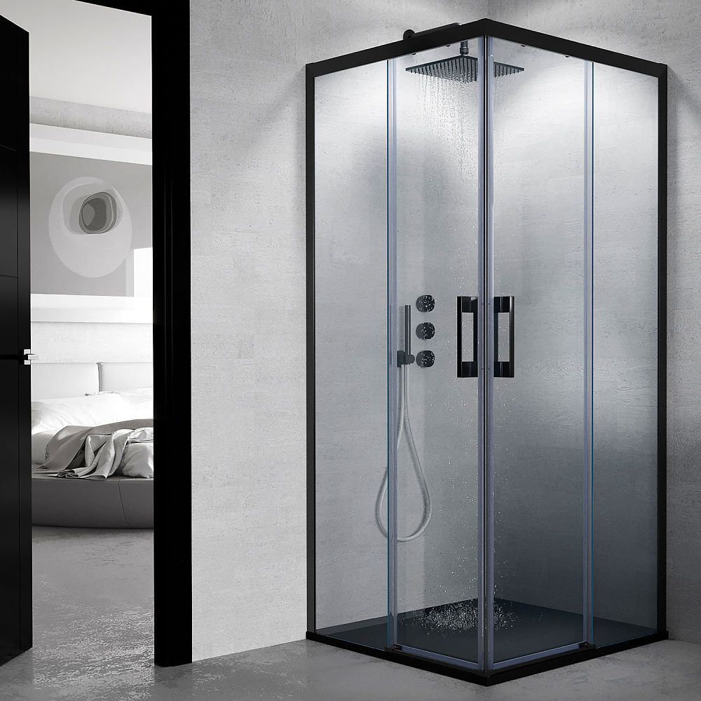Mampara de ducha cuadrada FLARE apertura angular 2 fijos-2 puertas correderas. Sin perfil inferior. Con tratamiento anti-cal. Acabado NEGRO MATE