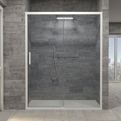 Mampara de ducha frontal FLARE 1 fijo -1 puerta corredera. Sin perfil inferior. Con tratamiento anti-cal . Acabado BLANCO MATE