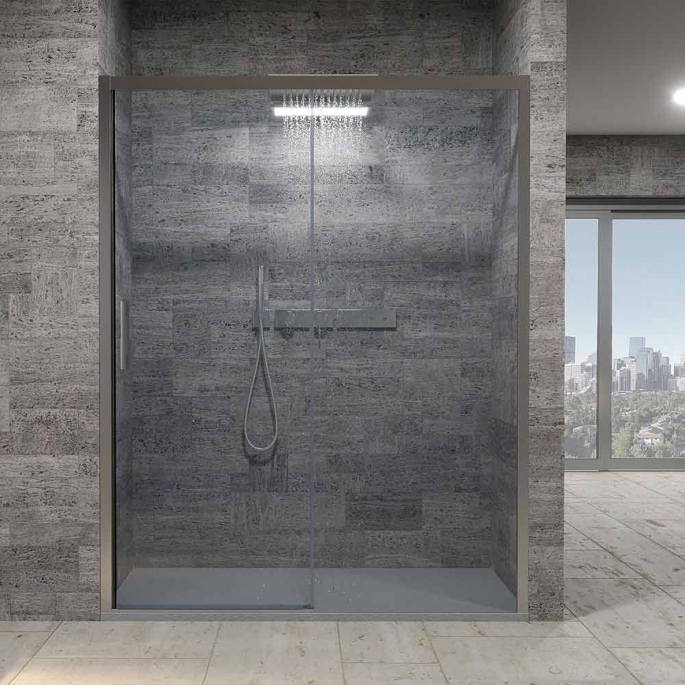 Mampara de ducha frontal FLARE 1 fijo -1 puerta corredera. Sin perfil inferior. Acabado CROMO BRILLO