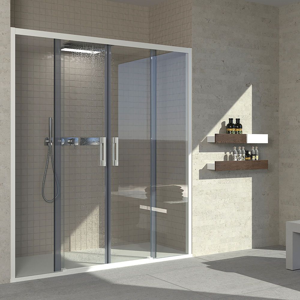 Mampara de ducha frontal FLARE 2 fijos -2 puertas correderas. Sin perfil inferior. Acabado BLANCO MATE