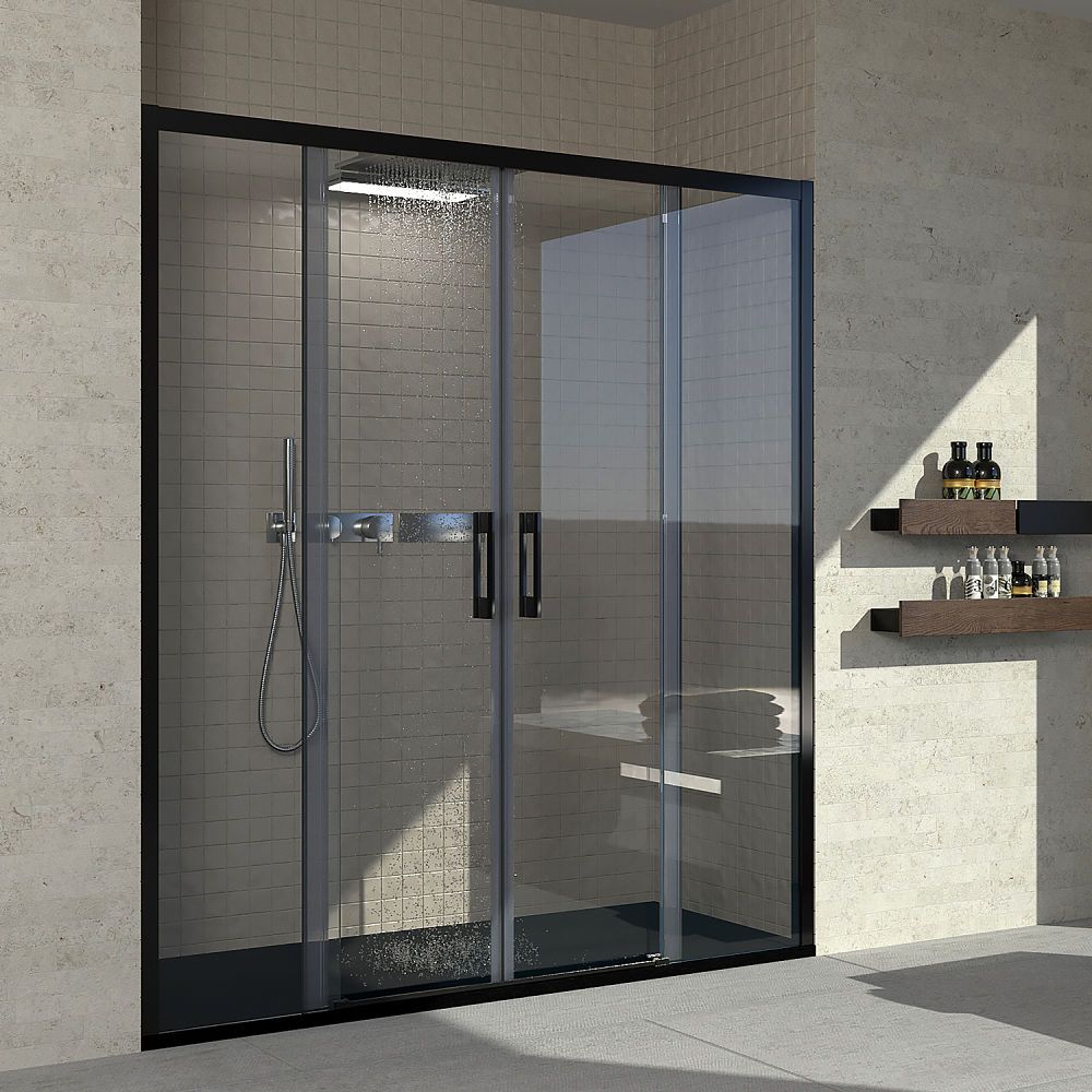 Mampara de ducha frontal FLARE 2 fijos -2 puertas correderas. Sin perfil inferior. Con tratamiento anti-cal . Acabado NEGRO MATE