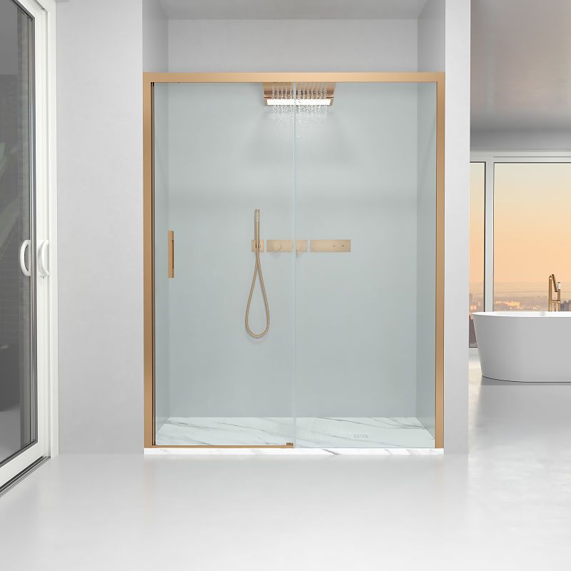Mampara de ducha frontal FLARE 1 fijo -1 puerta corredera. Sin perfil inferior. Con tratamiento anti-cal. Acabado COBRE