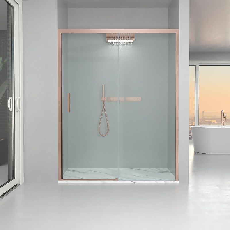 Mampara de ducha frontal FLARE 1 fijo -1 puerta corredera. Sin perfil inferior. Con tratamiento anti-cal . Acabado ORO ROSA