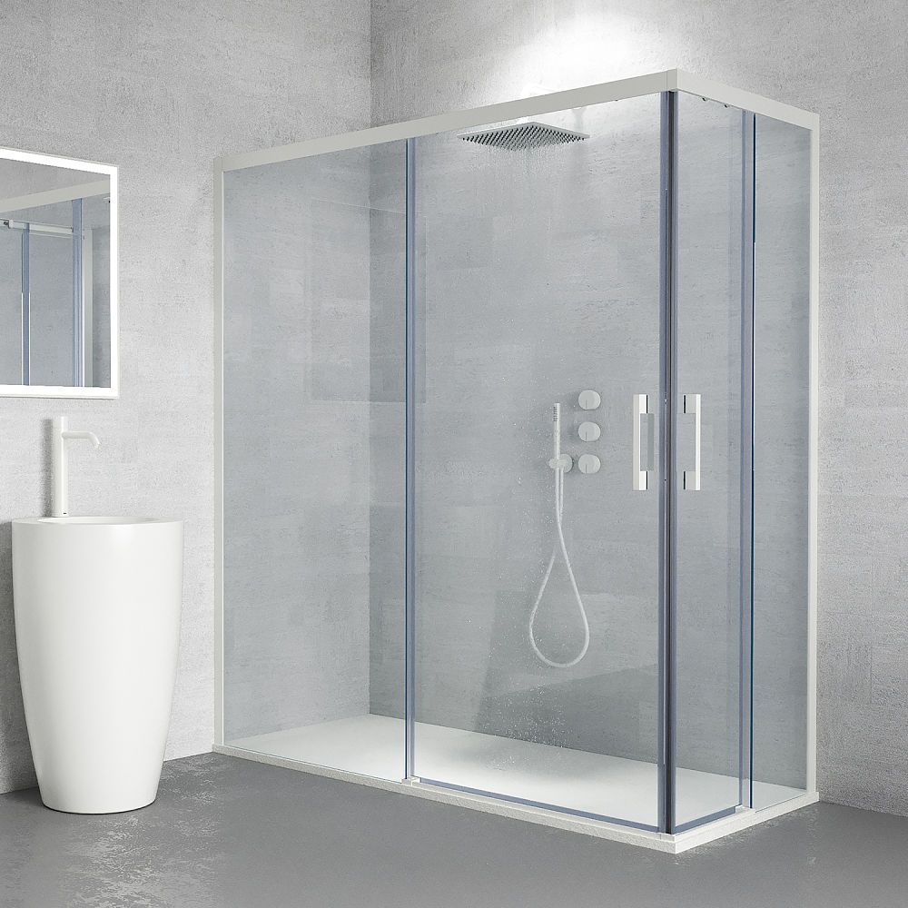 Mampara de ducha rectangular FLARE apertura angular 2 fijos-2 puertas correderas. Sin perfil inferior. Con tratamiento anti-cal. Acabado BLANCO MATE