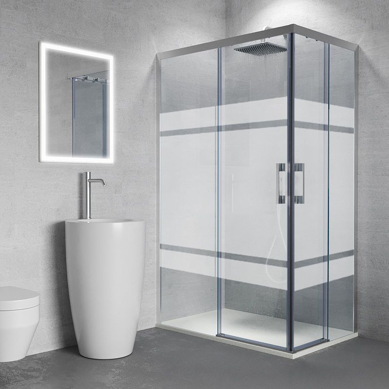 Mampara de ducha rectangular FLARE apertura angular 2 fijos-2 puertas correderas SERIGRAFIADAS . Sin perfil inferior. Con tratamiento anti-cal. Acabado CROMO BRILLO - Imagen 2