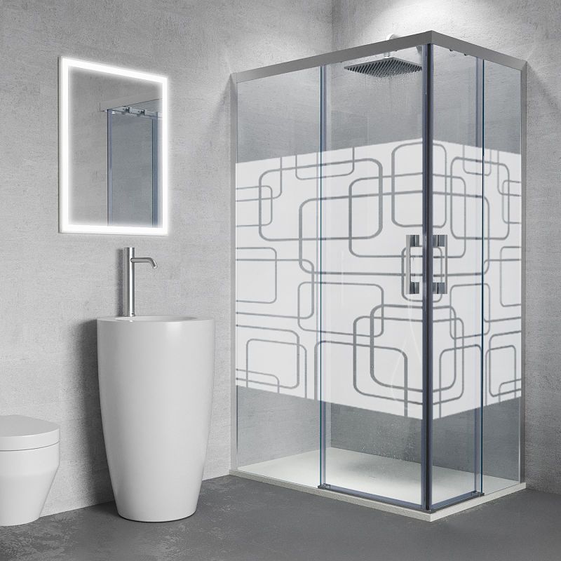 Mampara de ducha rectangular FLARE apertura angular 2 fijos-2 puertas correderas SERIGRAFIADAS . Sin perfil inferior. Con tratamiento anti-cal. Acabado CROMO BRILLO - Imagen 3