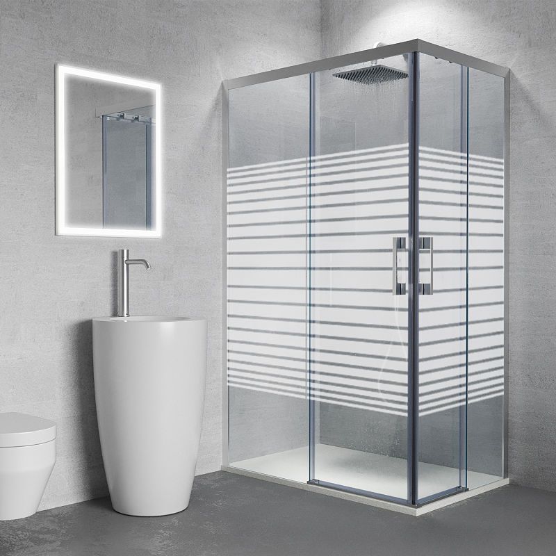 Mampara de ducha rectangular FLARE apertura angular 2 fijos-2 puertas correderas SERIGRAFIADAS . Sin perfil inferior. Con tratamiento anti-cal. Acabado CROMO BRILLO - Imagen 4