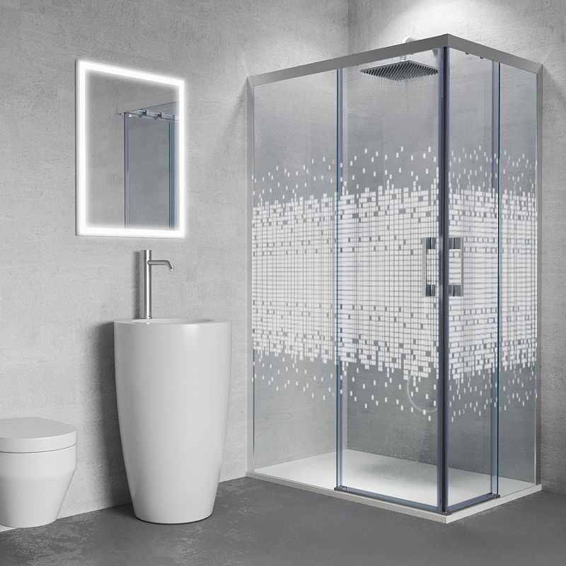 Mampara de ducha rectangular FLARE apertura angular 2 fijos-2 puertas correderas SERIGRAFIADAS . Sin perfil inferior. Con tratamiento anti-cal. Acabado CROMO BRILLO