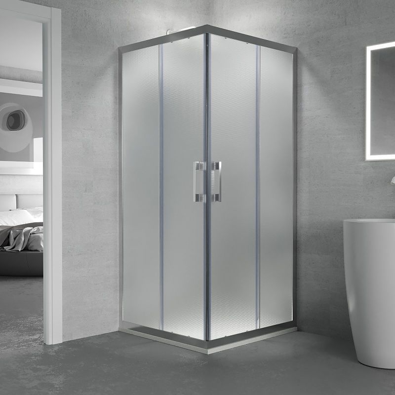 Mampara de ducha cuadrada GLISS apertura angular 2 fijos-2 puertas correderas. Vidrio opaco con tratamiento anti-cal. Acabado CROMO BRILLO
