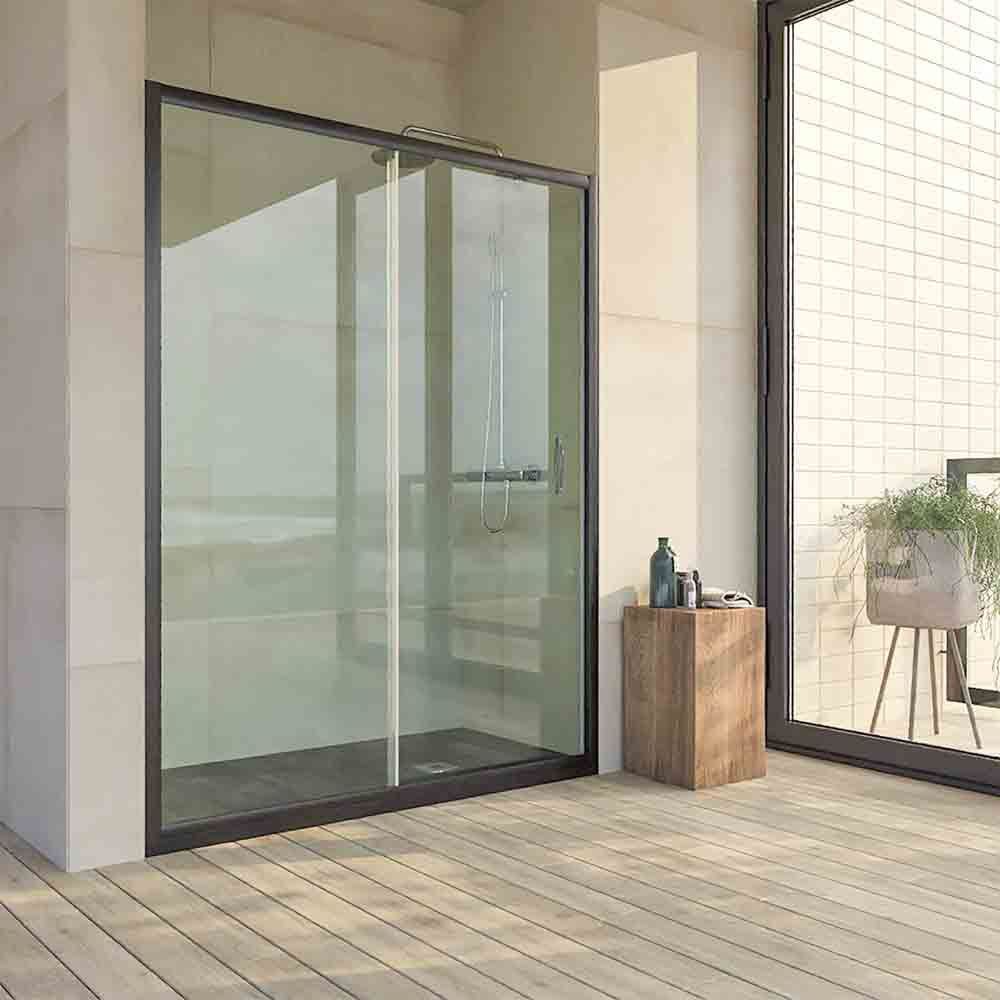 Mampara de ducha frontal TEMPO 1 fijo -1 puerta corredera. Acabado NEGRO MATE