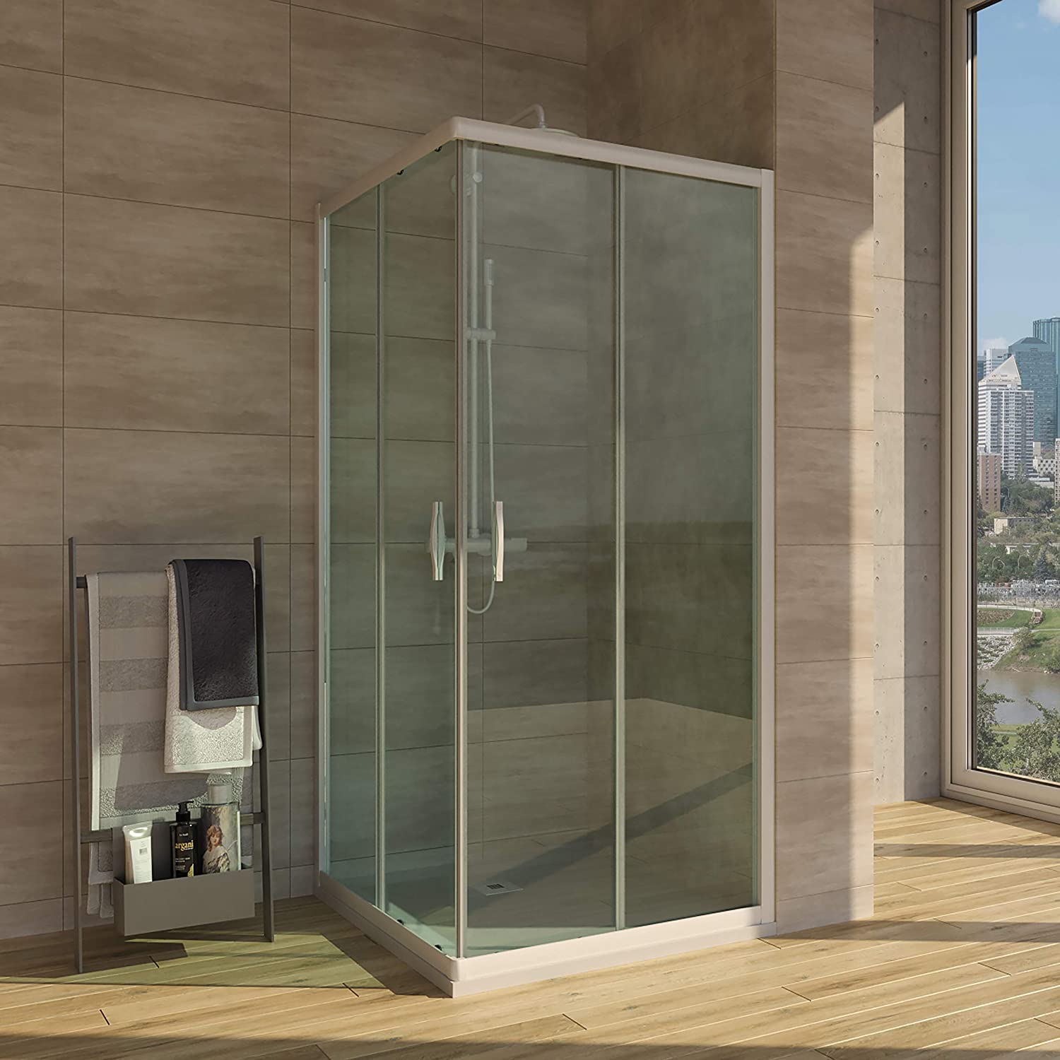 Mampara de ducha cuadrada TEMPO apertura angular 2 fijos-2 puertas correderas. Con tratamiento anti-cal.Acabado BLANCO MATE