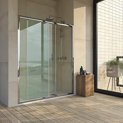 Mampara de ducha frontal TEMPO 1 fijo - 1 puerta corredera. Acabado CROMO BRILLO